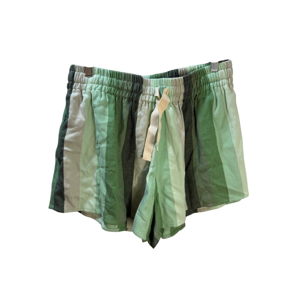 Green Striped Cotton Blend‎ Shorts With Elastic Waist & Drawstring